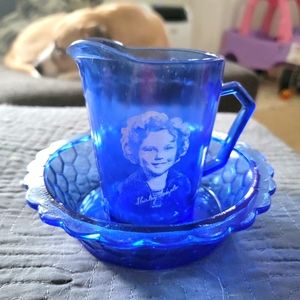 1930's Shirley Temple cobalt blue pitcher and cereal bowl set. Vintage